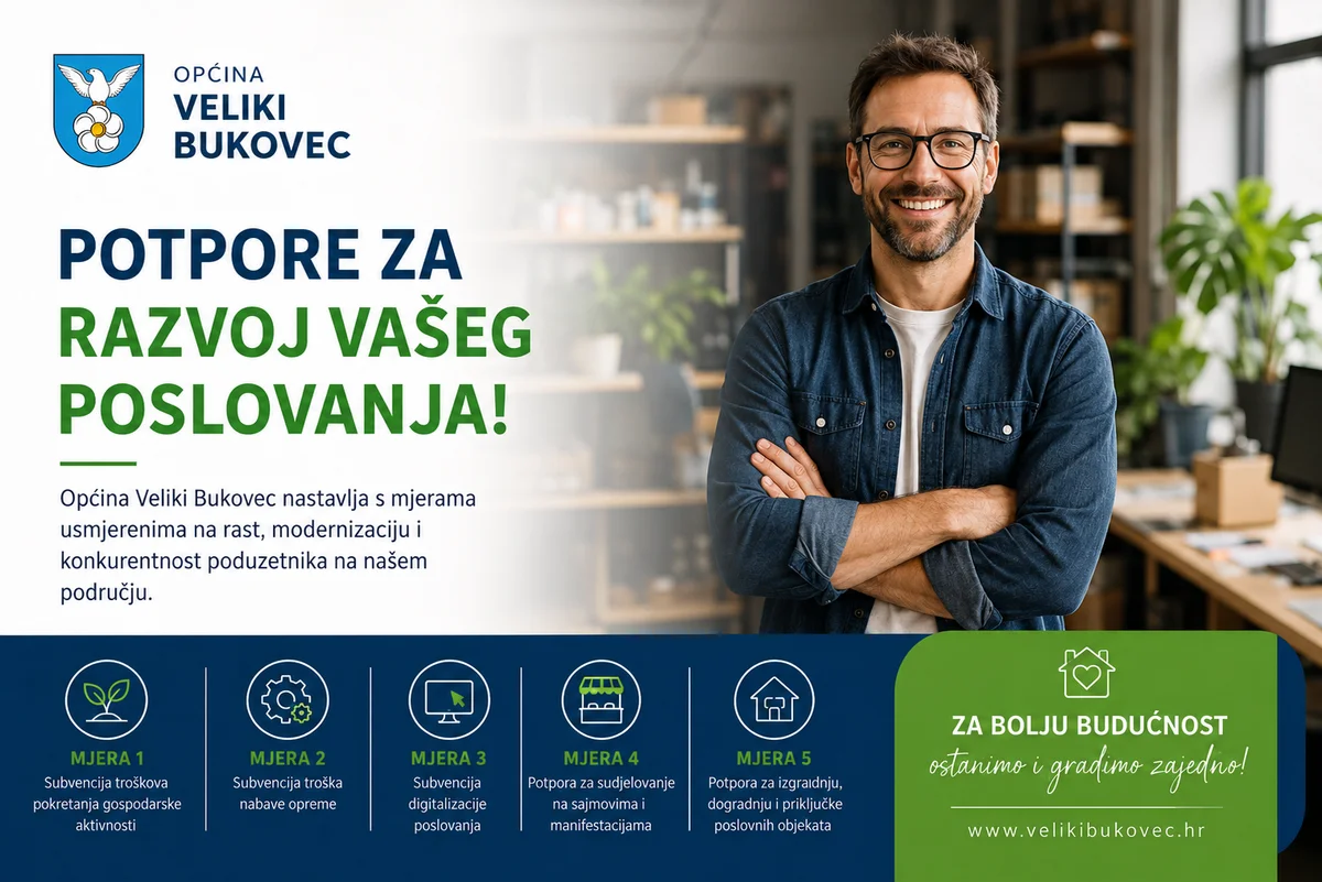 OBAVIJST O IZMJENAMA I DOPUNAMA JAVNOG POZIVA ZA DODJELU SUBVENECIJA ZA POTICANJE PODUZETNIŠTVA OPĆINE VELIKI BUKOVEC U 2026. GODINI